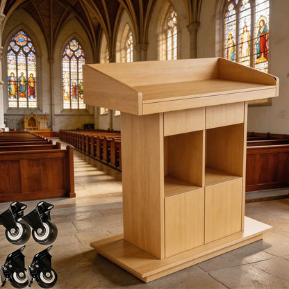 XIHAADOY Wood Podium, Podium Stand Portable with Wheels, Mobile Rolling Church Pulpits, Office Wooden Reception Desk, Lectern for Classrooms,Natural