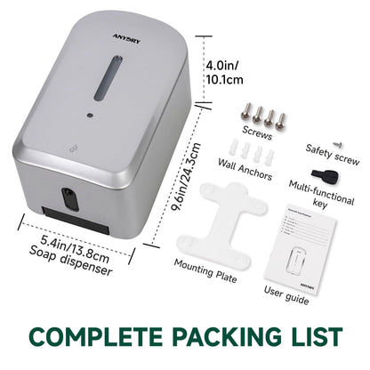 anydry Commercial Automatic Soap Dispenser Large 34oz/1000ml Capacity Wall-Mounted Touchless Liquid Dispenser for High-Traffic Restrooms, Offices, Hospitals Model AD1220S Silver