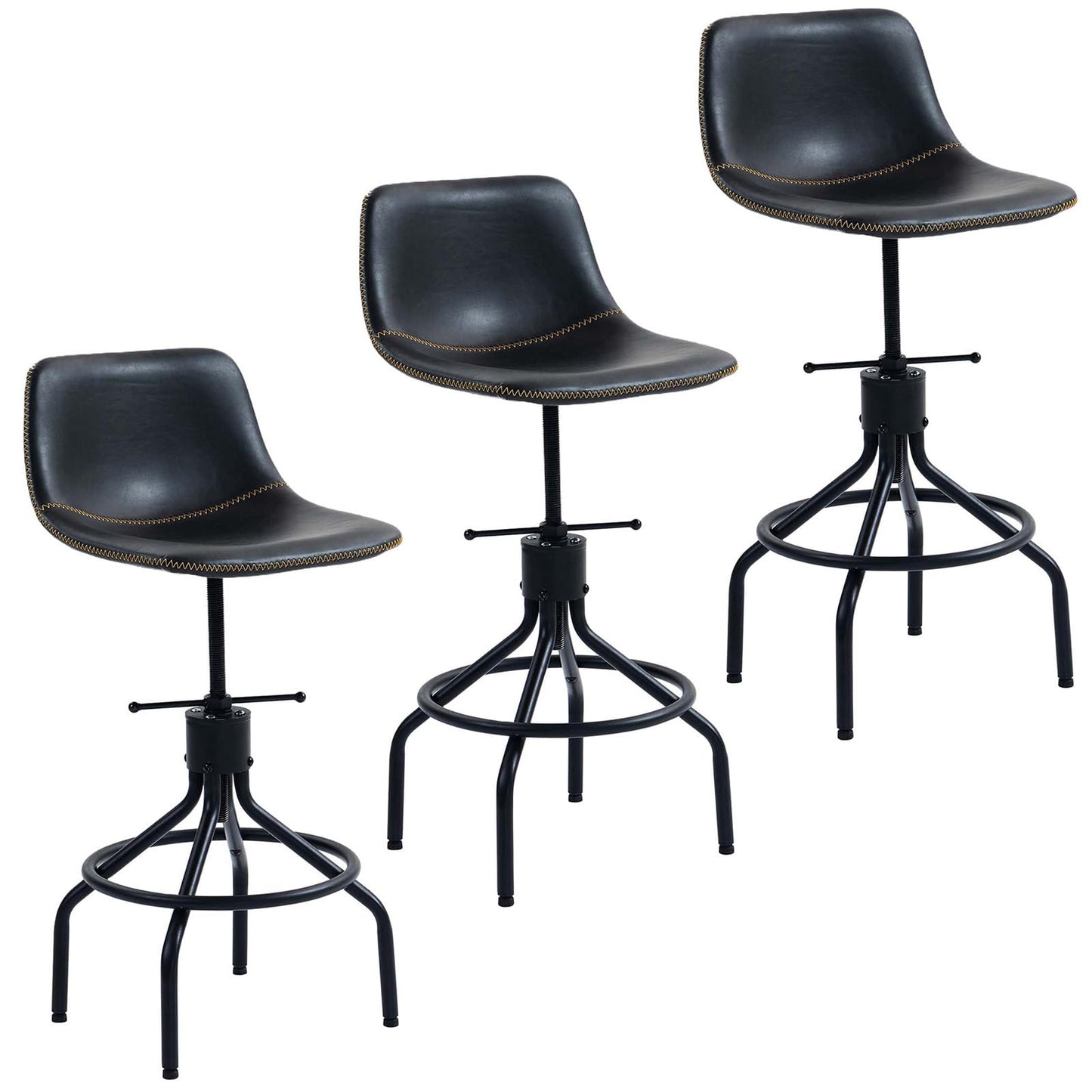 CHIDOCHILO Swivel Bar Stools Set of 3, Adjustable Industrial Kitchen Island Barstools with Back 26 Inch Faux Leather Armless Counter Height Bar Chairs for Dining Room Home Bar D087-Black-3