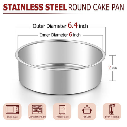 LIANYU 6 Inch Round Cake Pan, Stainless Steel Baking Layer Cake Pan Tin, Heavy Duty Metal Round Tier Baking Tins, 2In Tall, Oven & Dishwasher Safe