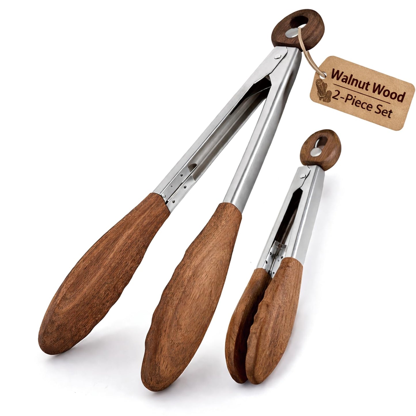 Bakpoco 10 & 13 Inch Wooden Tongs for Cooking, Kitchen Stainless Steel Salad Tongs with Walnut Wood Tip, Serving Food Toaster Bread Non Toxic Grill Tong, Smooth Locking & Hanging Cooking Utensils Set