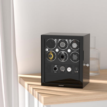 DUKWIN Watch Winder for 6 Automatic Watches,Lockable Watch Winders with Watch and Jewelry Storages, Super Quiet Mabuchi Motor with High-Gloss Piano Lacquer Finish,Built-in Illumination-Black