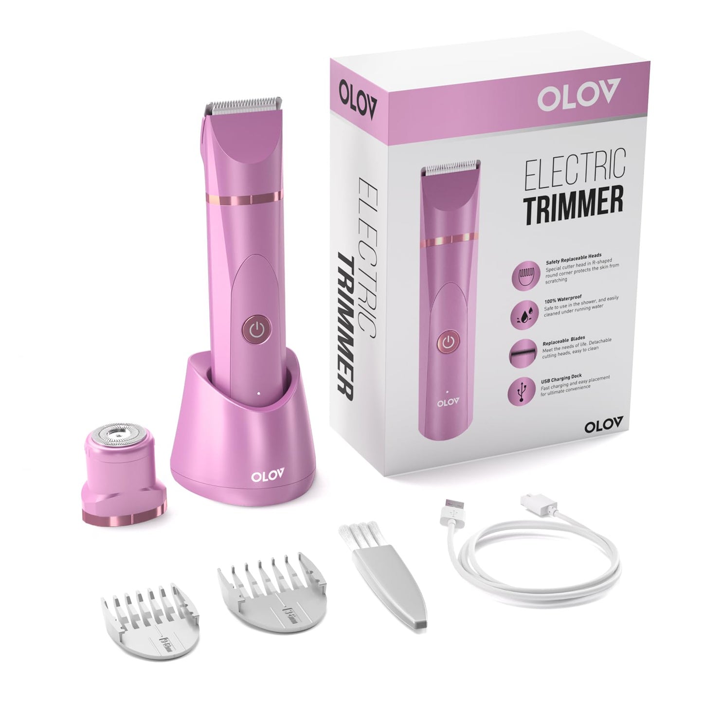 OLOV Electric Body Hair Trimmer - Groin Trimmer for Men - Bikini Trimmer Women - Wet/Dry Shaver Groomer, Replaceable Ceramic Blade Heads, USB Recharge Dock, Waterproof Hygiene Razor,Black