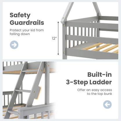 KOMFOTT Wood Twin Over Full House Bunk Bed with Built in Ladder, Solid Pine Wood Bunk Bed Frame with Safety Guardrails, House Bunk Bed Frame for Kids, Teens, Juniors, No Box Spring Needed (Grey)