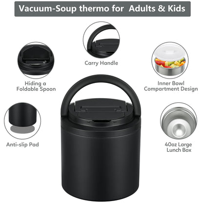 Soup Thermo for Hot Food Adults 40oz Lunch Containers Wide, Thermo Insulated Containers Leak Proof Vacuum Stainless Steel With Carry Handle and Spoon BPA Free (black)