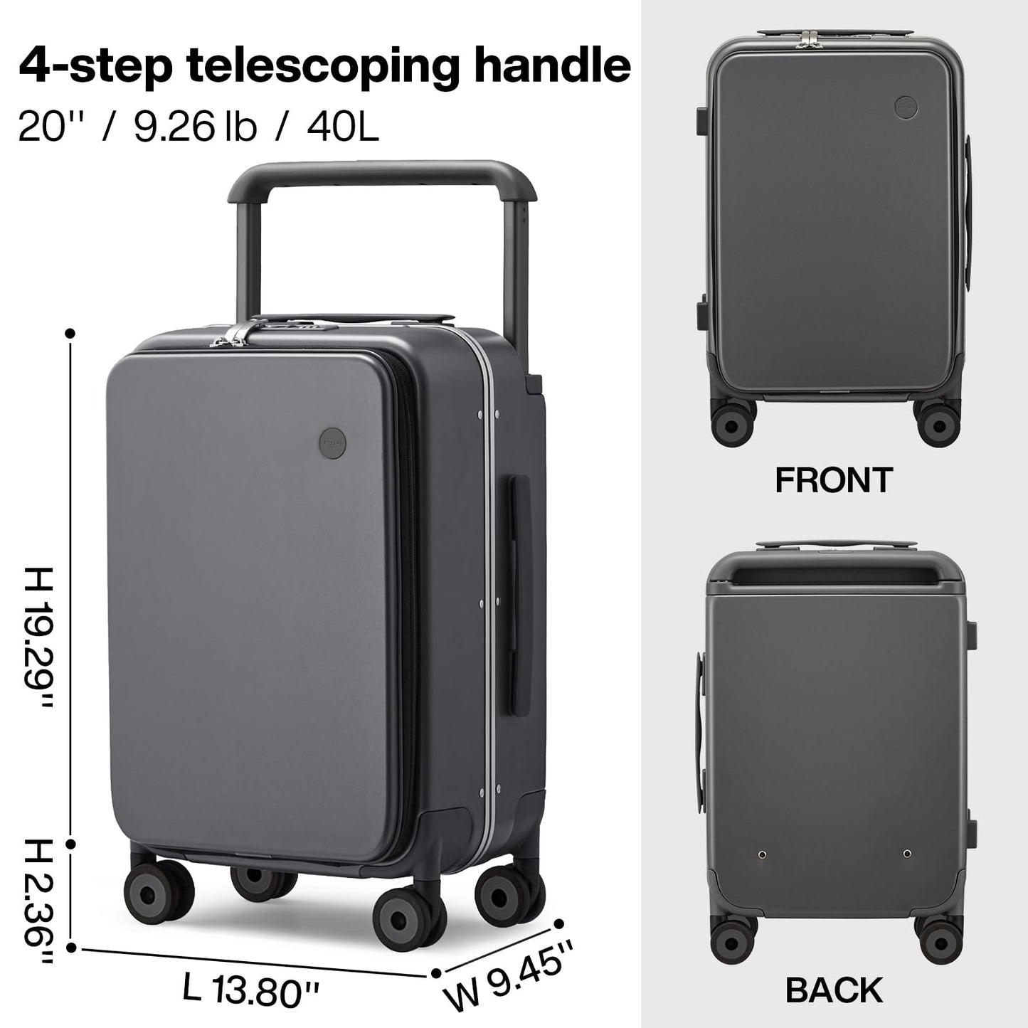mixi Carry On Luggage Wide Handle Luxury Design Rolling Travel Suitcase PC Hardside with Aluminum Frame Hollow Spinner Wheels, with Cover, 20 inch, Rock Grey
