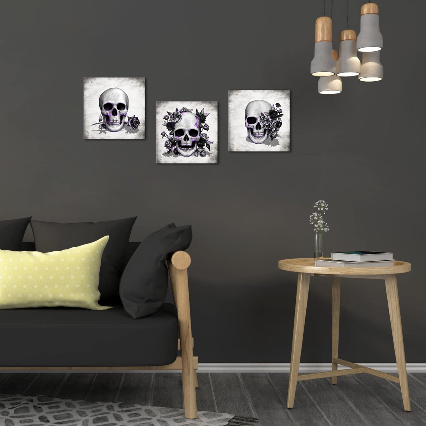 Artsbay Grey Skeleton Wall Art Skull and Rose Pictures Paintings Rustic Gothic Home Decor for Living Room Bedroom Bathroom 12" x 12" x 3PCS