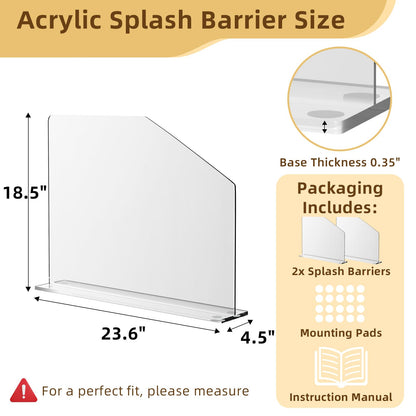 2 Pcs Acrylic Sink Splash Barrier, Clear Splatter Barrier, Freestanding Protective Panel with Cutaway, for Kitchen Hospital Labs Office, 23.6" L x 4.5" W x 18.5" H