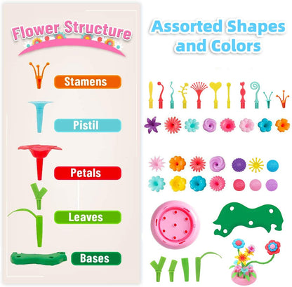 BEMITON Flower Building Toy Set for Girls, Best Birthday Gifts for 3 4 5 6 7 Year Old Kids, Arts and Crafts Kit for Toddlers, STEM Activities and Gardening Pretend Playset, 148 pcs