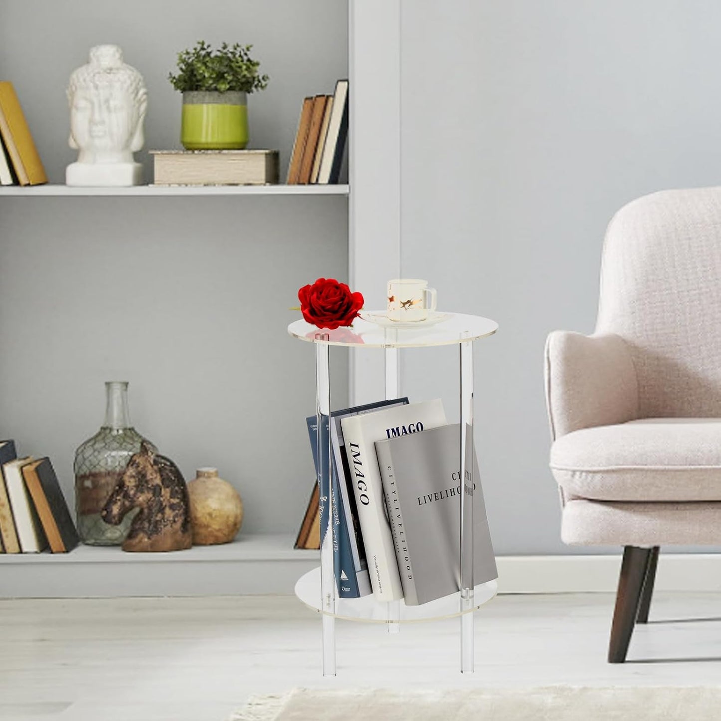 YINSHCO 2 12" Acrylic Detachable End Table, Round Acrylic Coffee Table, Tier Multifuntional Clear Nightstand End Table