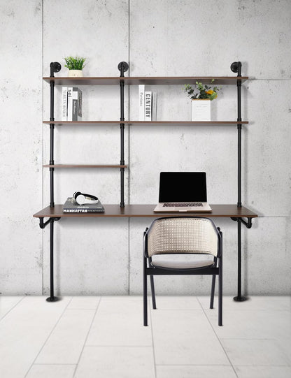 OLDRAINBOW Industrial Pipe Computer Desk with Shelves,Wall Mounted Laptop Desks for Small Spaces,59 inch Bookshelf Narrow Writing Desk with Floating Shelves