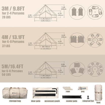 Canvas Bell Tent with Stove Jack, Glamping Yurt Tent for 360° Ventilated Mesh with Zipped Removable Floor, 4 Season Family House Hot Tents for All Year Living (Beige- 4M- 173 sq. ft yurt)
