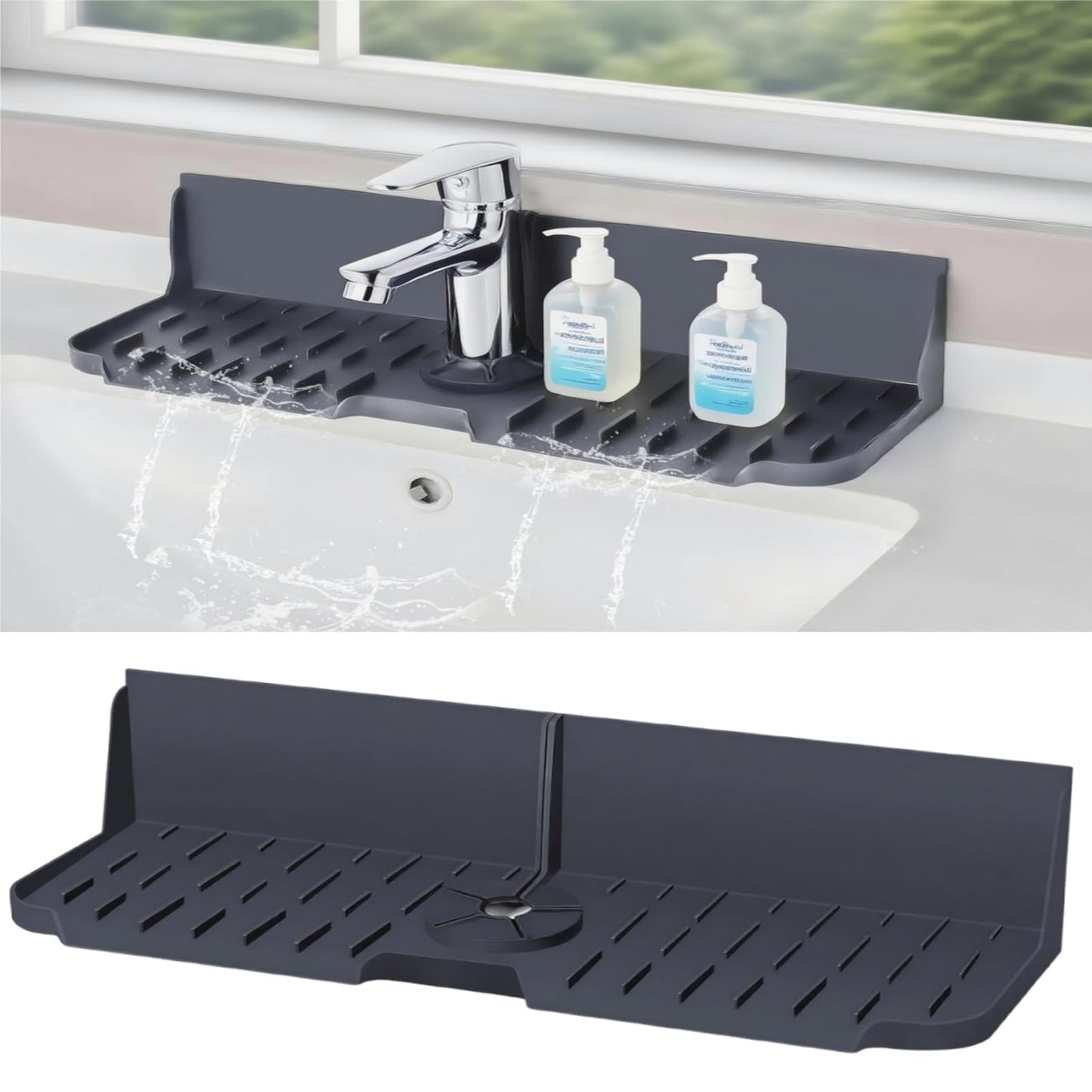 DAECHAO Sink Splash Guard Behind Faucet, Silicone Sink Faucet Drying Mat & Dish Soap Sponge Holder, 17" x 5.5" Silicone Kitchen Sink Auto Drain Organizer (Grey)