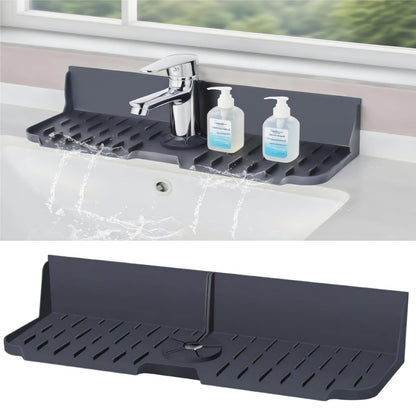 DAECHAO Sink Splash Guard Behind Faucet, Silicone Sink Faucet Drying Mat & Dish Soap Sponge Holder, 17" x 5.5" Silicone Kitchen Sink Auto Drain Organizer (Grey)