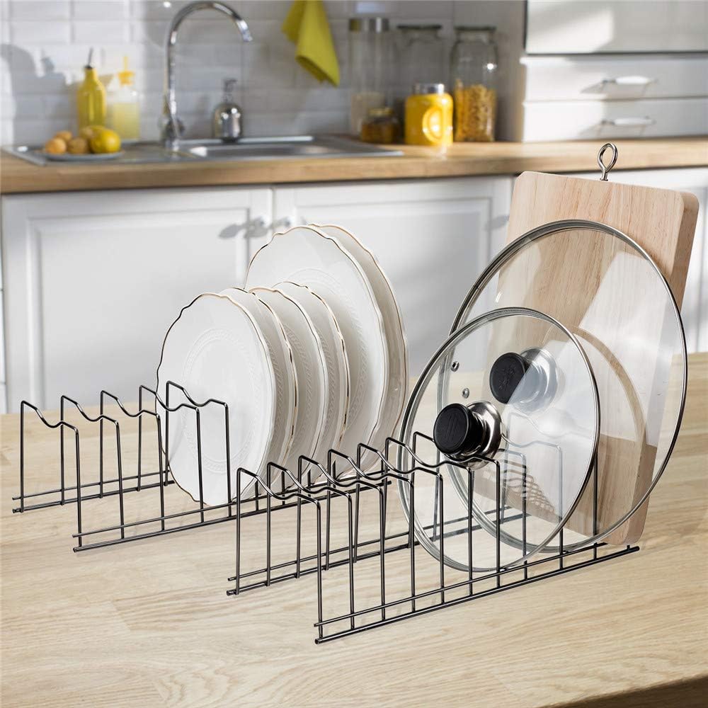 SANNO Pan Pot Lid Holder Organizer - Kitchen Rack for Plates, Bakeware, Pots & Pans, Nickel, 10 Dividers