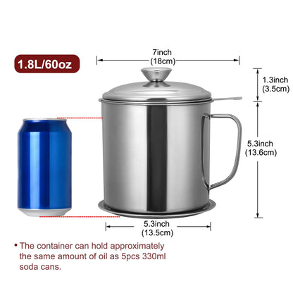 Tellshun Bacon Grease Container with Strainer 1.8 L / 60 oz Kitchen Catcher Food-grade Stainless Steel Cooking Oil Keeper with Lid and Easy-Grip Handle Suitable for Storing Frying Oil