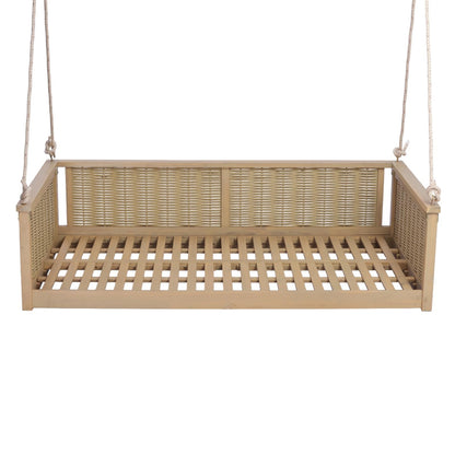 Outdoor Twin Size Porch Swing Bed w/Solid Wood Frame for Garden, All Weather Wooden Swing Bench w/Hand Woven Rattan Backrest & Armrest for Patio, Deck, Balcony, Backyard (Light Teak)