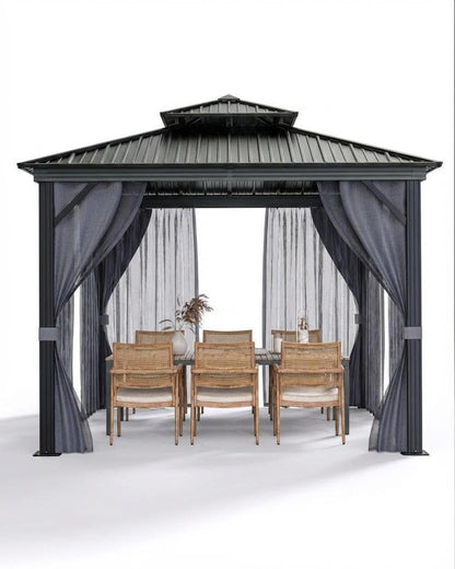 PeacefulHues 10' x 10' Permanent Hardtop Gazebo with Aluminum Frame, Double Galvanized Steel Roof, Curtains and Netting, Outdoor Patio Pavilion for Backyard, Deck, Garden – Gray