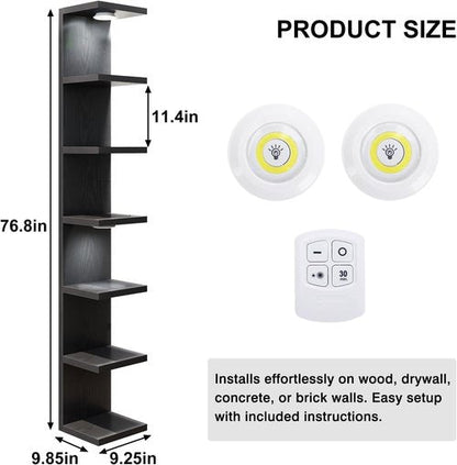 Fixwal 7-Tier Wall Mounted Floating Shelves - Stylish Home Decor with LED Lights | Black Finish
