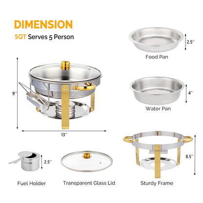 ROVSUN 5QT 4 Packs Chafing Dish Buffet Set Gold Accent, NSF Round Stainless Steel Buffet Warmer Chafers and Warmers Sets with Glass Lid & Lid Holder for Catering Events Parties Weddings Dinners