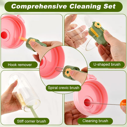 5 in 1 Bottle Cleaning Brush Set, Multifunctional Kitchen Lid Brush Cleaning Tool and Straw Cleaner, Long Handle Bottles Scrubber for Cup Lids, Hard Bristle Sponge Head Bottle Brushes
