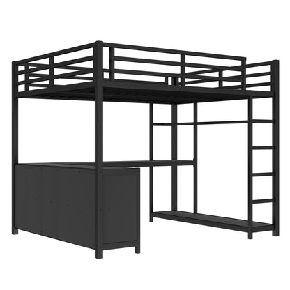 Bellemave Queen Size Loft Bed with Desk & Clothes Rack, All-in-One Heavy Duty Metal Loft Bed Frame with Storage Cube & Shelf, Space Saving Loft Bed Queen Size for Adult, Teen, Kids, Apartment, Black