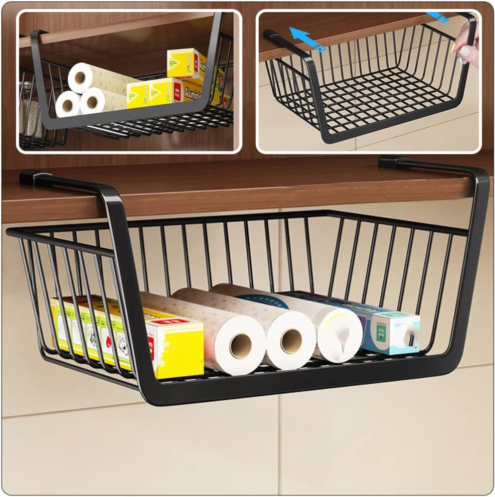 Zerodeko Under Shelf Basket - Hanging Wire Storage Baskets for Kitchen Pantry, Desk, Bookshelf Organizer