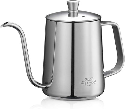 MERMOO YILAN 21oz Gooseneck Coffee Kettle, 600ml Stainless Steel Pour Over Drip Pot for Tea & Coffee (Silver)