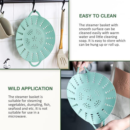 Alimat PluS 1 Pack Silicone Steamer Basket, Silicone Vegetable Steamer Basket with Handles and Strong Feets, 9.6 Inches(Excluding Handle Length)