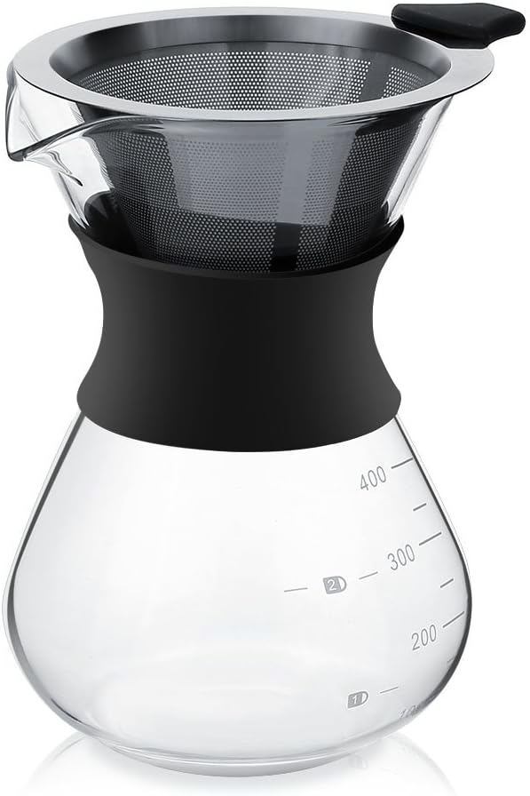 Zopsc 400ml Manual Hand Drip Glass Coffee Maker Pot with Stainless Steel Filter, Tick Marks, Fine Mesh, Suitable for