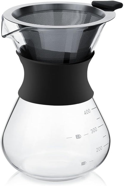 Zopsc 400ml Manual Hand Drip Glass Coffee Maker Pot with Stainless Steel Filter, Tick Marks, Fine Mesh, Suitable for