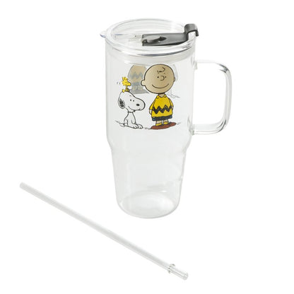Peanuts Snoopy Glass Cups with Lids and Straws - 40 Oz Tumbler with Handle and Straw Glass Water Bottles Drinking Glasses with Straws Iced Coffee Cups Travel Coffee Mug Smoothie Tumbler