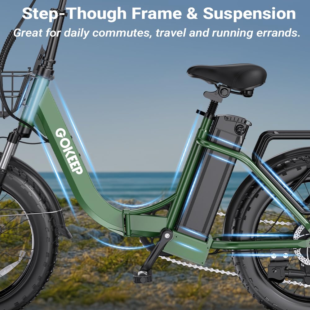 GOKEEP Electric Bike for Adults, Peak 1300W Motor, 75 Miles PAS Range, 52V 13Ah Removable Lithium Battery, Foldable Electric Bicycle, 20MPH 7-Speed Commuter Ebike, Max 330LBS, UL2849 Certified, Green