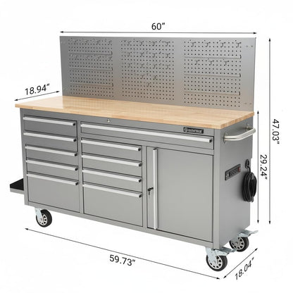 Garvee 61-inch Rolling Tool Chest, 10 Drawers Garage Workbench Storage Tool Cabinet with Power Strip, Solid Rubber Wood Top, 1675 LBS Load Mobile Workstation, Heavy Duty Rolling Cabinet