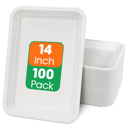 ECOLipak 100 Pack 14 Inch Disposable Food Crawfish Trays, Compostable Large Paper Plates, Disposable Thanksgiving Trays for Serving Food, Turkey, BBQ, Seafood Boil Party Supplies(White)