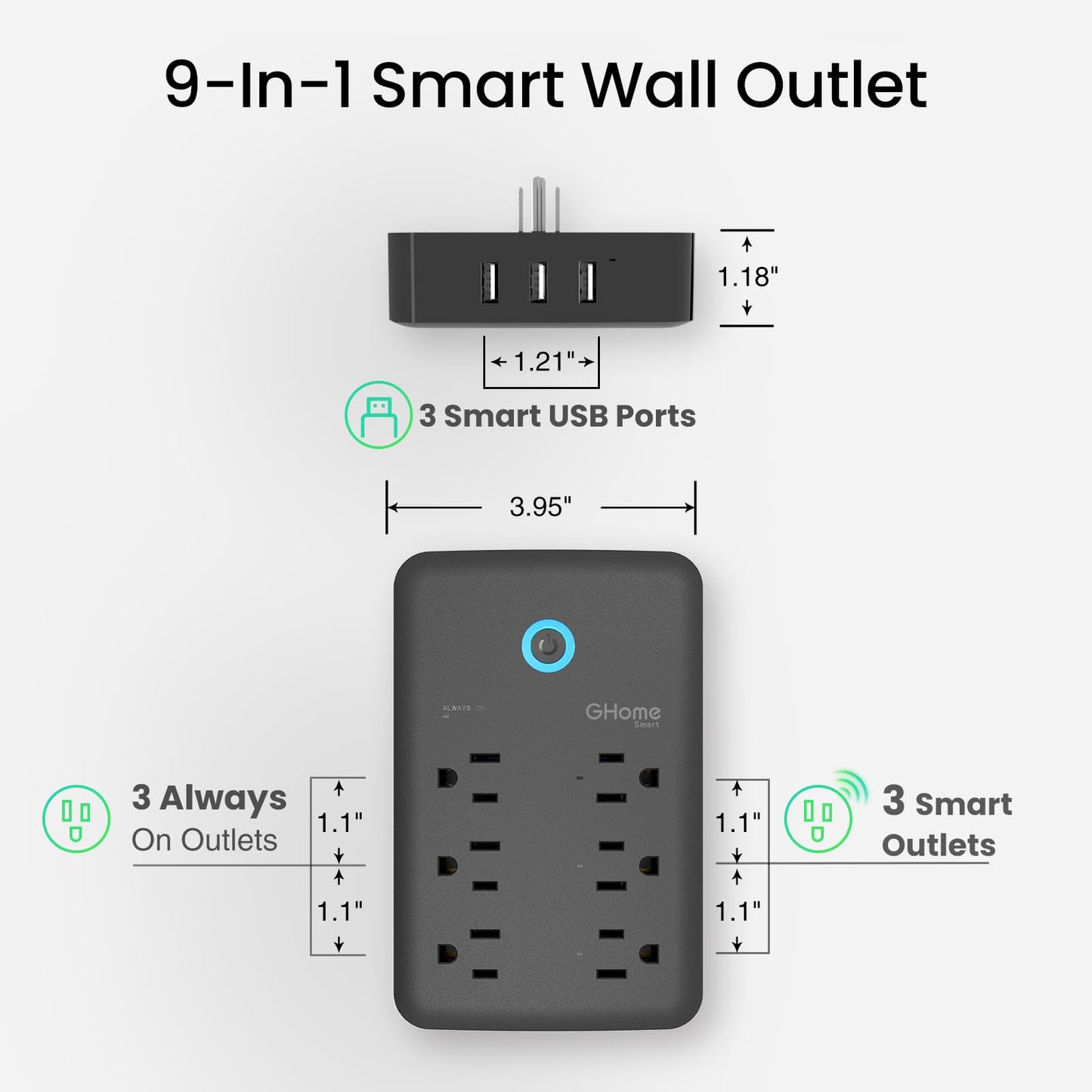 GHome Smart Plug Outlet Extender, USB Wall Charger with 3 Individual Smart Outlets and 3 Smart USB Ports, Works with Alexa Google Home, Surge Protector Plug Extender for APP Control,15A/1800W