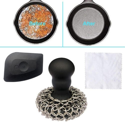 316 Chainmail Scrubber by [Brand Name] - Ergonomic Silicone Handle for Easy Cast Iron Cleaning | Dishwasher Safe, Black