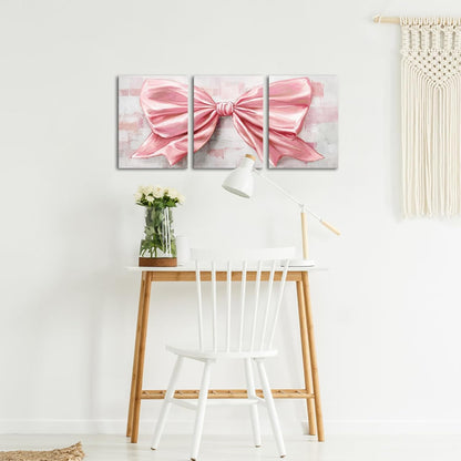 12x16inchx3Pieces HOMEOART Bow Painting Canvas Print Bow Picture Bathroom Decor Bedroom Wall Decor Framed (Pink)