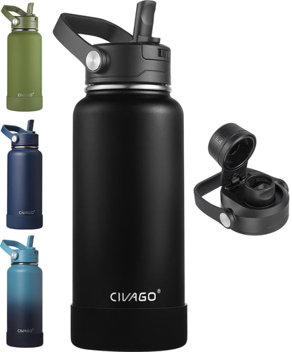 CIVAGO 32 oz Insulated Stainless Steel Water Bottle with Detachable Straw, Large Metal Water Jug with Bucket Handle, Leakproof Sports Water Flask with Silicone Boot for Travel, Dishwasher Safe, Black