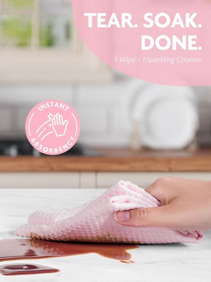 Fantasticlean Large Microfiber Cleaning Cloth Roll - 18'' by 12'', 36 Sheets, Thick, Super Absorbent and Reusable Rags, Daily Cleaning Supplies for Vehicle..(Pink)