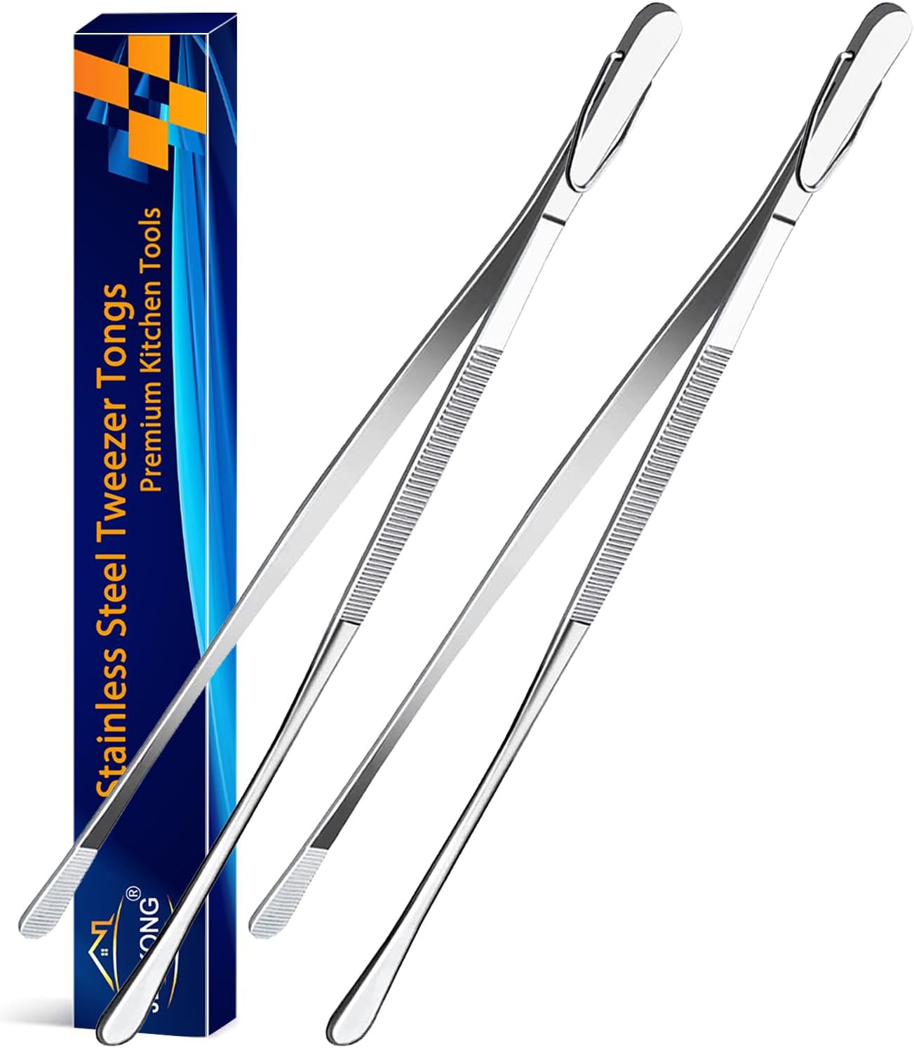 JETKONG Stainless Steel Kitchen Cooking Forceps, 2 Pieces Long Food Tweezers, Kitchen Tweezer Tong Tongs