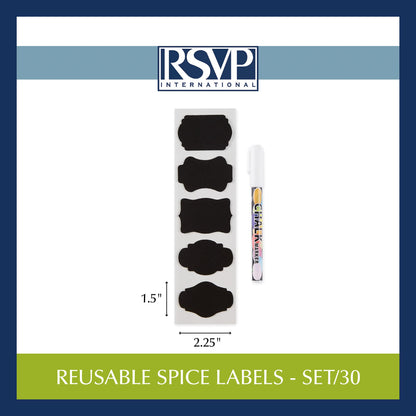 RSVP International Reusable Pantry/Spice Labels, Assorted Shapes, 30-Piece, Black