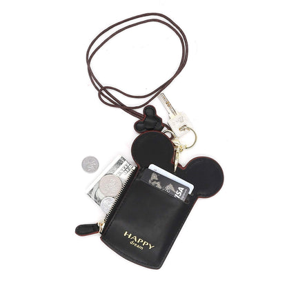 Ondeam ID Holder With Lanyard Badge Holder,PU Leather newchic Cute Animal Shape neck wallet for Women(Black)