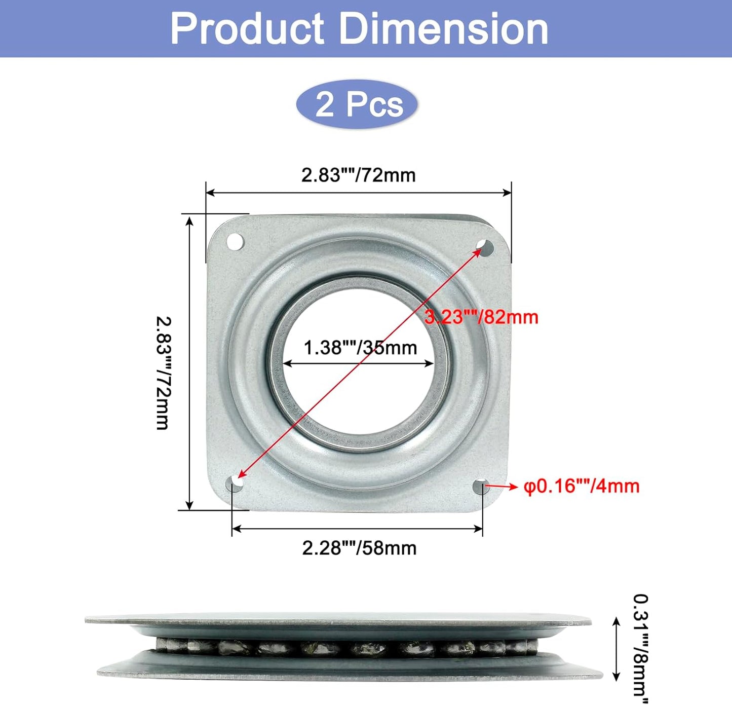 2pcs 3" Square Heavy Duty Lazy Susan Turntable, Steel Ball Bearing Rotating Tray for Dining Table, Pantry, Organizer