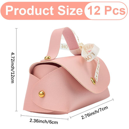 CALFOVERA 12 Sets Pink PU Leather Party Favor Boxes Mini Leather Gift Wrapping Handbags Reusable Chocolate Candy Bags Elegant Treat Purses with Ribbons for Birthday Wedding Halloween Christmas