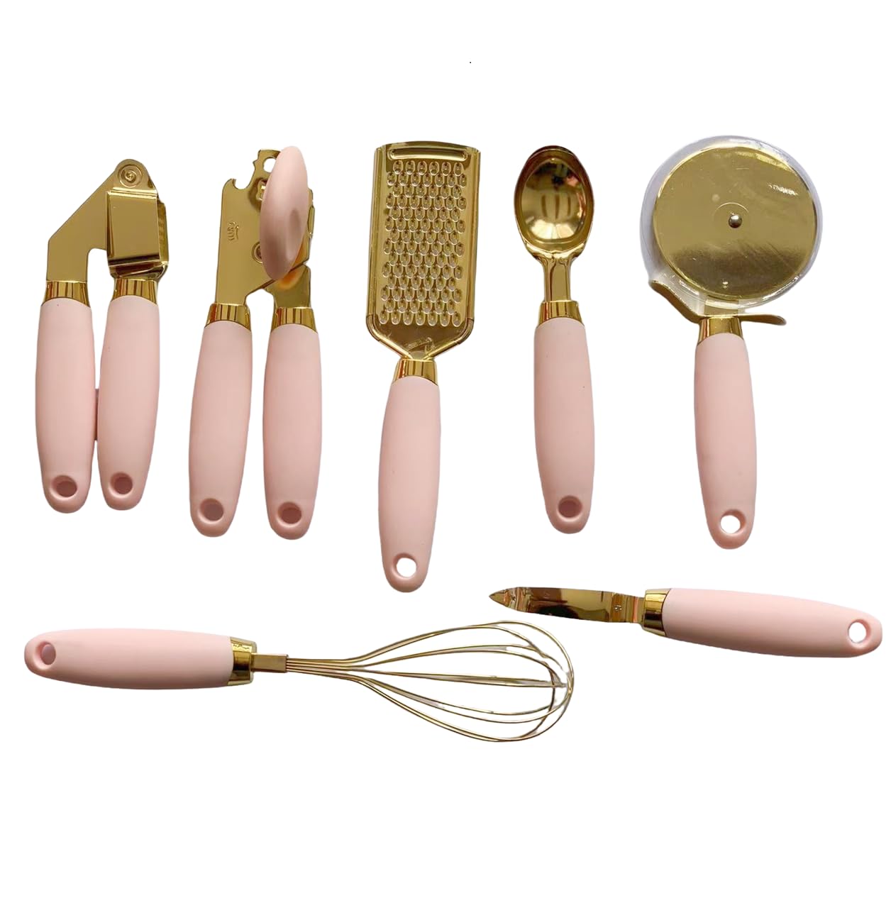 White & Gold Kitchen Tools and Gadgets - Luxe 7PC Cooking Tools and Gadgets with Anti-Slip Handles, Utensils Set, Gold Kitchen Accessories,Premium Kitchen Gadget Set (Champagne gold & pink)