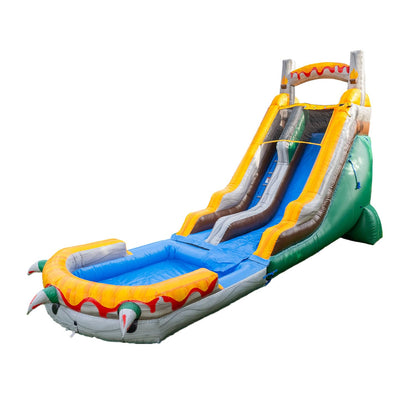 HeroKiddo 18ft T-Rex Inflatable Water Slide with Detachable Pool and Blower, 29ft Long- 100% Commercial PVC Vinyl, Heavy Duty Wet/Dry Slide for Kids and Adults, Front Load Entry for Easy Supervision