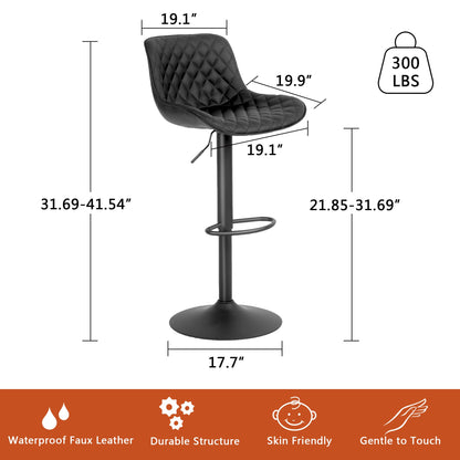 YOUTASTE Black Bar Stools Counter Height Bar Stool Set of 2 Adjustable Swivel Faux Leather Barstools with Padded Back Diamond Metal Bar Chairs for Home Kitchen Island