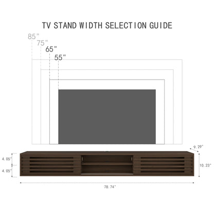 Furniloft 78" Floating TV Stand with Slatted Sliding Doors, Mid-Century Modern Wall Mounted Entertainment Center, Walnut Media Floating tv Console for 85 TV, Space-Saving Cable Management