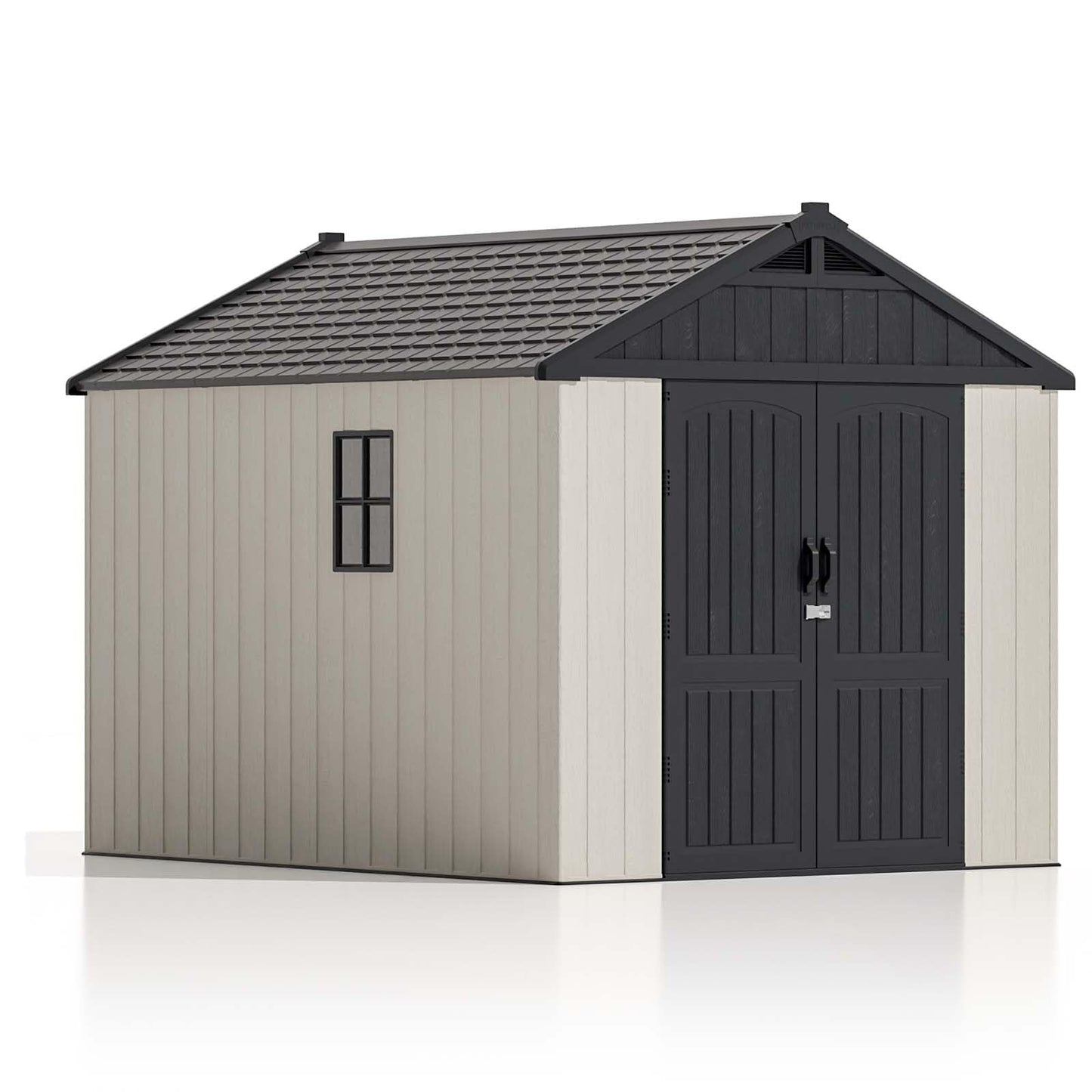 Patiowell 8x10 FT Plastic Shed Outdoor Storage Shed with Floor, Resin Garden Tool Shed Lockable Door & Two Windows for Patio, Backyard, Bike & Organizer, Beige